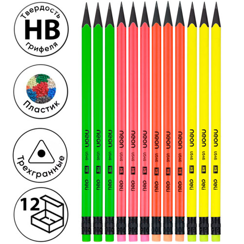 d7a50b3ae4dc11f0acbc00155d01a100_87814fe2e4e011f0acbc00155d01a100-500x500-1 Карандаш DELI "EnoVation", НВ, трехгранный корпус, пластик, с ластиком, неоновые ассорти — изображение 1