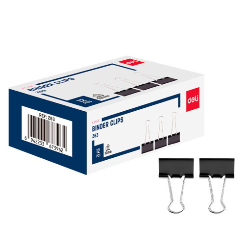 deb9b4b2e4dc11f0acbc00155d01a100_f8c77ddbe4e011f0acbc00155d01a100-500x500-1 Зажимы для бумаг DELI "Z63", 32 мм, черные, (12 шт.) — изображение 1