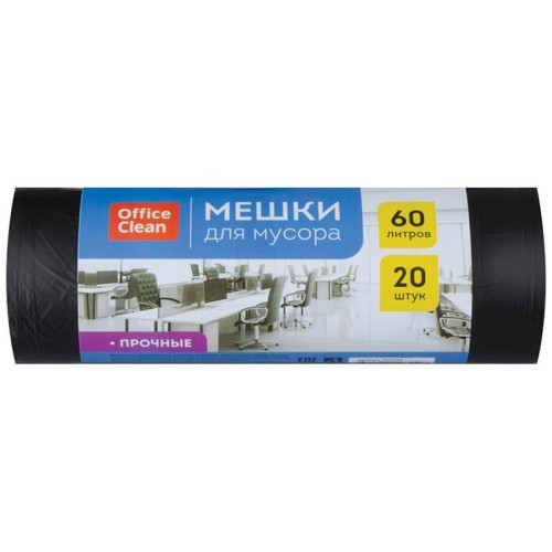 e4dc0abee4dc11f0acbc00155d01a100_c5bf4276e4e011f0acbc00155d01a100-500x500-1 Мешки для мусора OfficeClean, 60х70 см, 60 литров, 10 мкм, прочные, 20 шт/рул., черные — изображение 1