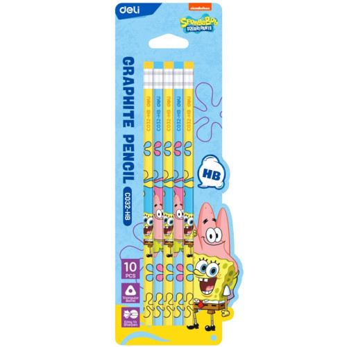 eb60e5d1e4dc11f0acbc00155d01a100_c9d84eb7e4e011f0acbc00155d01a100-500x500-1 Карандаш DELI "SpongeBob", НВ, трехгранный корпус, дерево, с ластиком, 10 шт/упак — изображение 1
